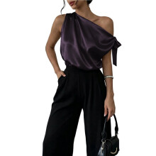 Women'S Off Shoulder Tops Casual Short Sleeve Asymmetrical Neck Satin Blouse Shirts Deep L