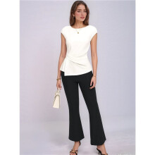 Womens Spring Short Sleeve Tops, Dressy Casual Peplum Shirts Outfit, Tunic Blouses Trendy Clothes White XXL