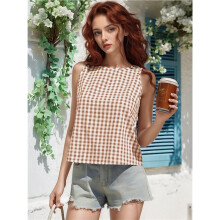 Tops for Women Tank Tops Cute Summer Sleeveless Shirts Clothes Khaki Plaid L