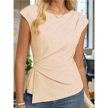 Womens Spring Short Sleeve Tops, Dressy Casual Peplum Shirts Outfit, Tunic Blouses Trendy Clothes Apricot Color XXL