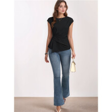 Womens Spring Short Sleeve Tops, Dressy Casual Peplum Shirts Outfit, Tunic Blouses Trendy Clothes Black XL