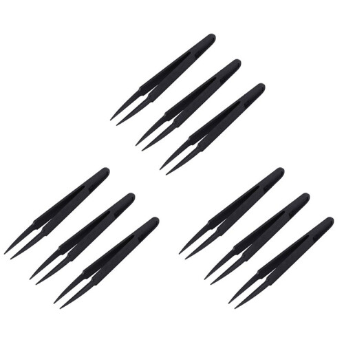 9 Pcs Black Plastic Electronic Pointy Tip Anti-Static Tweezers