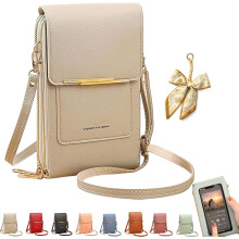 (Khaki, -) Women's Touch Screen Mobile Phone Messenger Bag, RFID Leather Crossbody Wallet Purse, Anti-Theft Shoulder Strap