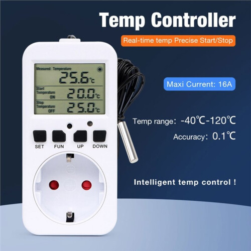 Digital Temperature Controller Socket EU Plug Thermostat Timer  Sensing Probe Heating Cooling  Temp Alarm