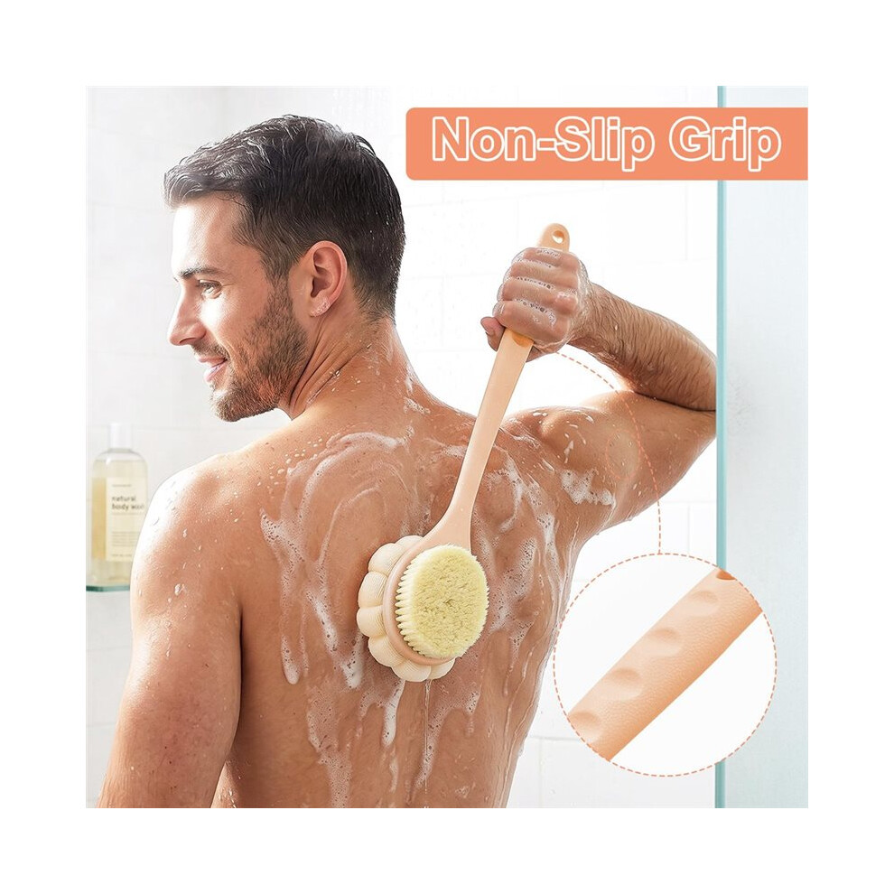Back Scrubber for Shower with Long Handle, Double-Sided Shower Brush for Body, Loofah Back Scrubber & Bristle Bath Brush