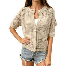 Women'S Short Sleeve Openwork Crochet Button Front Knit Cardigan Apricot Color XL