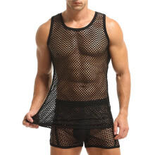 Men'S All-over Fishnet Mesh Breathable Sleeveless Fitted Crew Neck Tank Tops Black XL