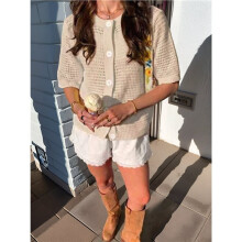 Women'S Short Sleeve Openwork Crochet Button Front Knit Cardigan Apricot Color S