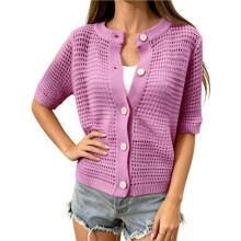 Women'S Short Sleeve Openwork Crochet Button Front Knit Cardigan Rose Red S