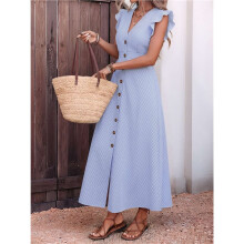 Women'S Striped V-Neck Ruffle Sleeve Button Front Waist Belt Maxi Dress L