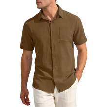 Men'S Textured Crinkle Fabric Short Sleeve Button Down Casual Shirt with Pocket Brown XXXL