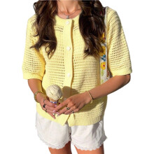 Women'S Short Sleeve Openwork Crochet Button Front Knit Cardigan Yellow S