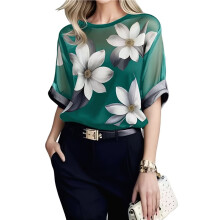 Women'S Elegant Mesh Blouses Printed Sheer Shirt with Half Sleeves Dressy Casual Shirts Green L