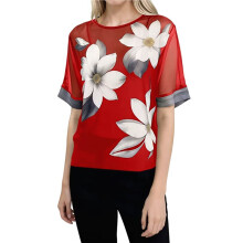 Women'S Elegant Mesh Blouses Printed Sheer Shirt with Half Sleeves Dressy Casual Shirts Red L