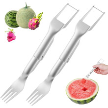 (2PCS, -) Affettatrice anguria acciaio inox 2 in 1 e forchetta – Tagliafrutta doppia testa per campeggio