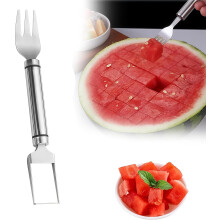 (1 Pcs, -) Tagliafrutta acciaio inox 2 in 1 – Strumento taglio affettatrice forchetta anguria per feste casa