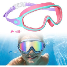 (Pink Green Transparent, -) 2026 HD detské plavecké okuliare – Veľký rám vodeodolné proti zahmlievaniu s nosným klipom štuple do uší