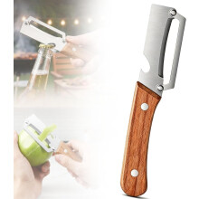 (1 pcs, -) Pelapatate ultra-affilato 2 in 1 – Manico legno e apribottiglie per verdura e frutta