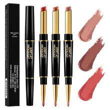 (B-3PCS, -) Dúo delineador labios pintalabios 2 en 1 voluminizador hidratante larga duración color