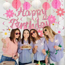 Birthday Decoration,Pre-Strung Happy Birthday Banner with Honeycomb ,Happy Birthday Party Decorations for Women Girl