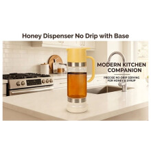 Druppelvrije Honingdispenser met Voet, 350 Ml, Verbeterde Glazen Pot en Morsbestendige Handgreep, Siroopcontainer voor Koffie, Thee en Pannenkoeken