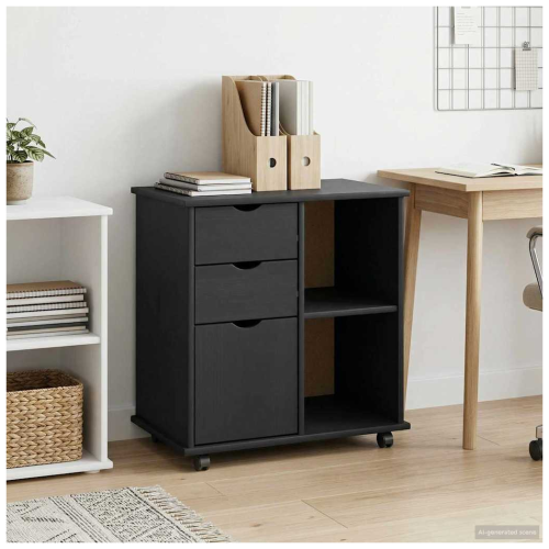 VidaXL vidaXL Rolling Cabinet Black 63.5 x 39 x 65.5 cm Solid Pine Wood 2