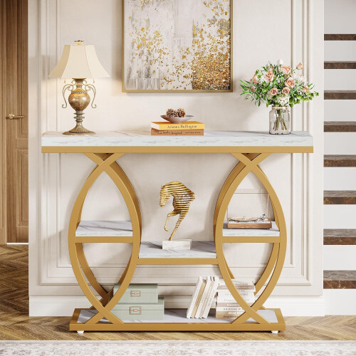 Tribesigns Tribesigns 39.4" Console Table, Industrial 4-Tier Sofa Table Entryway Table, White Gold, White Gold 2