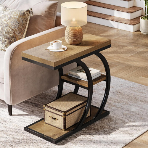 Tribesigns Tribesigns C-Shaped Side Table, 3-Tier Narrow Wood Bedside Table,Natural 2