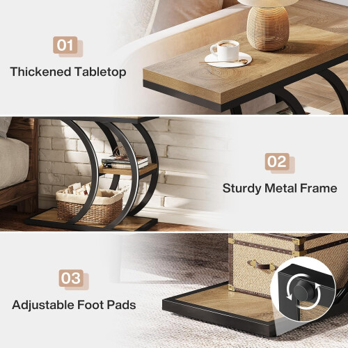 Tribesigns Tribesigns C-Shaped Side Table, 3-Tier Narrow Wood Bedside Table,Natural