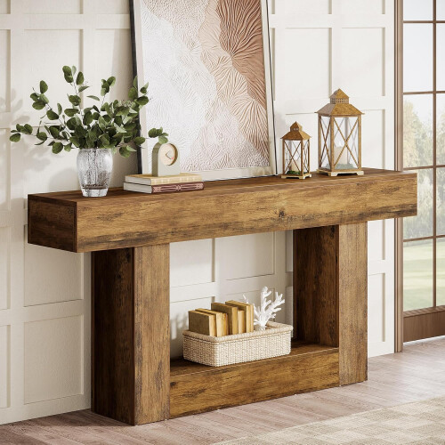 Tribesigns Tribesigns 63" Console Table, Farmhouse 2-Tier Entryway Table with U-Shaped Base (Rustic Brown) 2