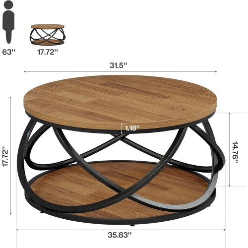 Tribesigns Tribesigns 2-Tier Round Coffee Table, 31.5" Circle Center Table, Rustic Brown 1