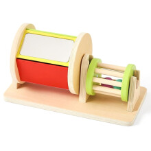 2-in-1 Montessori Baby Toys Wooden Drum & Rolling Rattle Toys with Mirror, Bells & Tummy