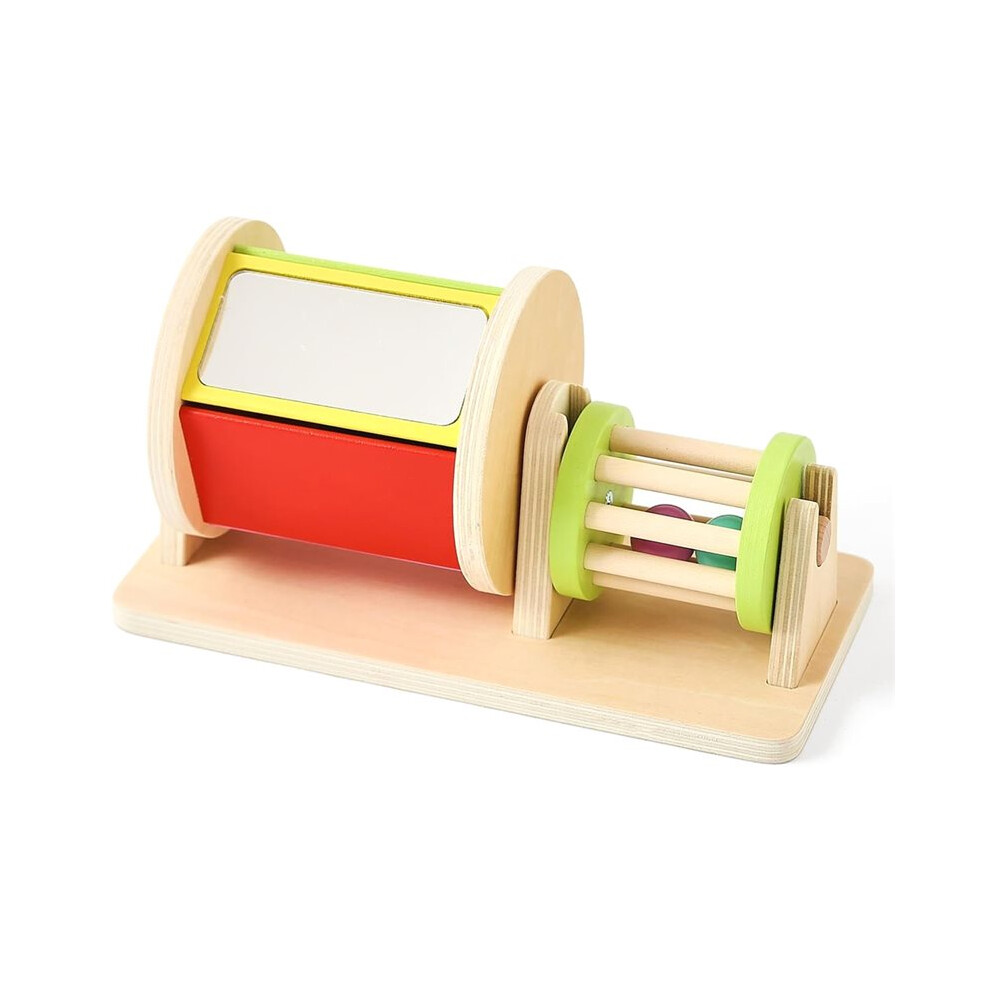2-in-1 Montessori Baby Toys Wooden  Drum & Rolling Rattle Toys with Mirror, Bells & Tummy
