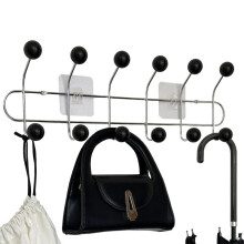 Space-Saving Wall-Mounted Hanger with 6 Hooks for Clothes and Towels, No Punch Installation Black