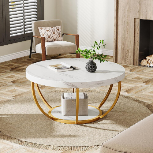 Tribesigns Tribesigns Modern Round Coffee Table, 2 Tier Coffee Table,White and Gold 2