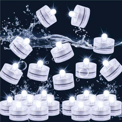 24pcs Submersible LED Light, White Waterproof Flameless Candle Tealights, Underwater Pool Lights for Vases, Wedding