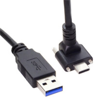 Cabo de Dados USB 3.1 Tipo C com Ângulo de 90 Graus para Câmera, Trava Dupla Por Parafuso e Conector USB 3.0 Padrão.