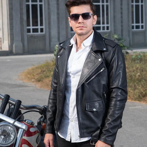 (2XL) The Enforcer: Black Leather Biker Jacket 1