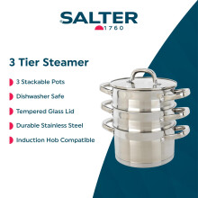 Salter Timeless 3 Tier Steamer – 18cm Stainless Steel Stackable Cooking Pot