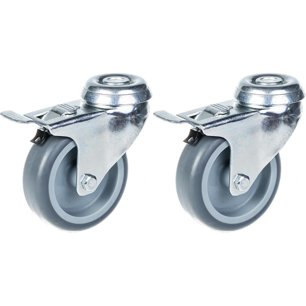 75Mm 3" Castor Grey Rubber Tyre, Swivel With Brake, 120Kg Capacity, Set Of 2 5056116820518