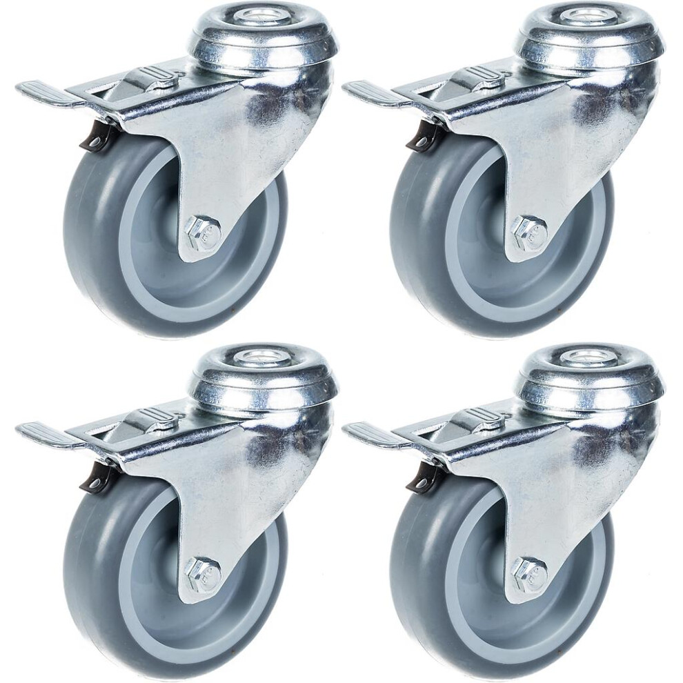 75Mm 3" Castor Grey Rubber Tyre, Swivel With Brake, 240Kg Capacity, Set Of 4 5056116820525