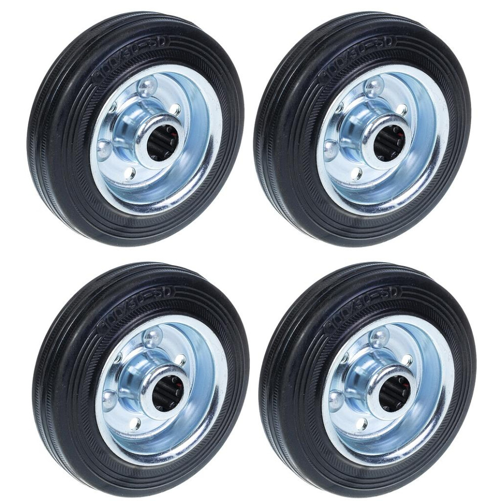 100Mm 4" Black Rubber Wheels With Pressed Steel Centre 90Kg - Set Of 4 5060462565481