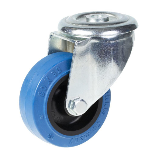 Parnells 80mm swivel castor with blue elastic rubber on nylon centre wheel