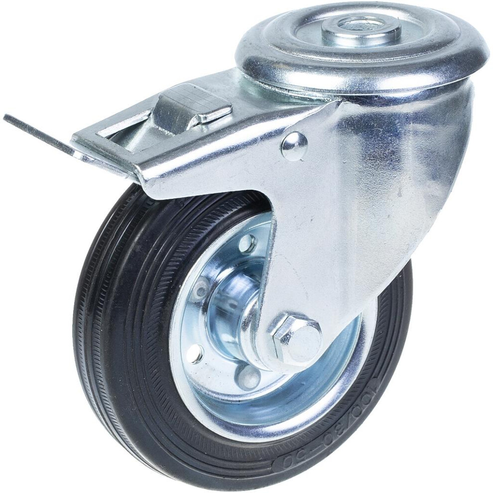 100Mm Swivel/Brake Castor With Black Rubber On Pressed Steel Centre Wheel 5056116819802