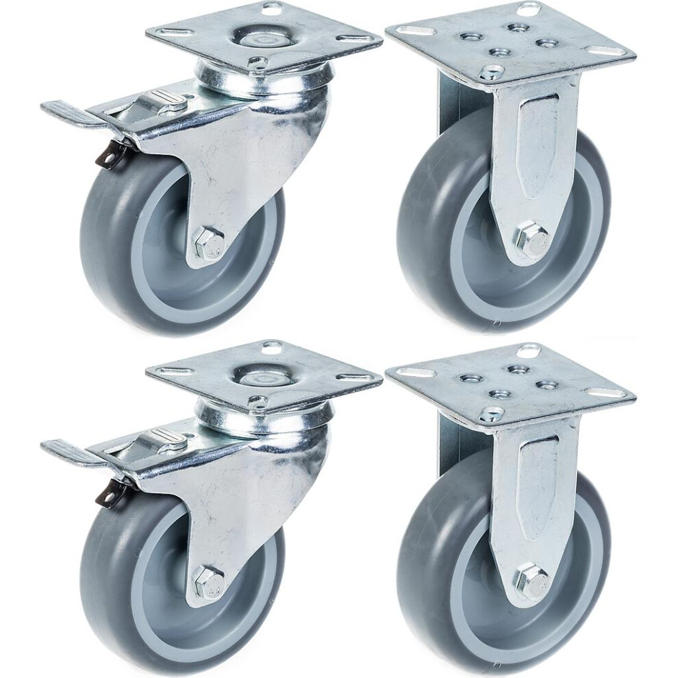 75Mm 3" Castor Grey Rubber Tyre, Brake & Fixed, 240Kg Capacity, Set Of 2 5056116820280