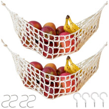 2-Pack Hanging Fruit Hammock with Hooks - Macrame Under Cabinet Veggie Banana Basket, Hand-Woven Boho Fruit Holder