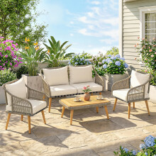 Outsunny 4 Piece Rattan Garden Furniture Set w/ Thick Cushions, Cream White