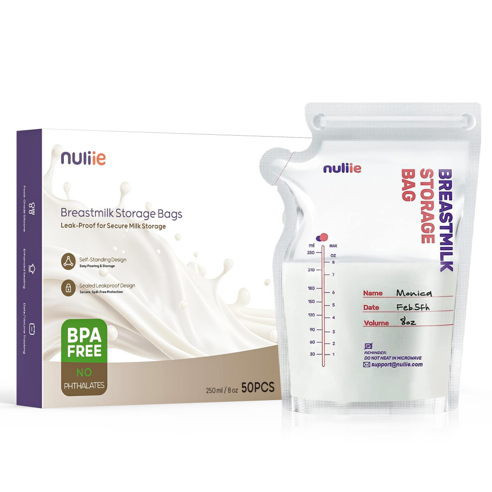 Nuliie 50 Pcs Breast Milk Storage Bags, 250Ml Bpa Free Milk Storage Bags With Pour Spout For Breastfeeding, Self-Standing Or Flat Pre-Sterilised Bag,