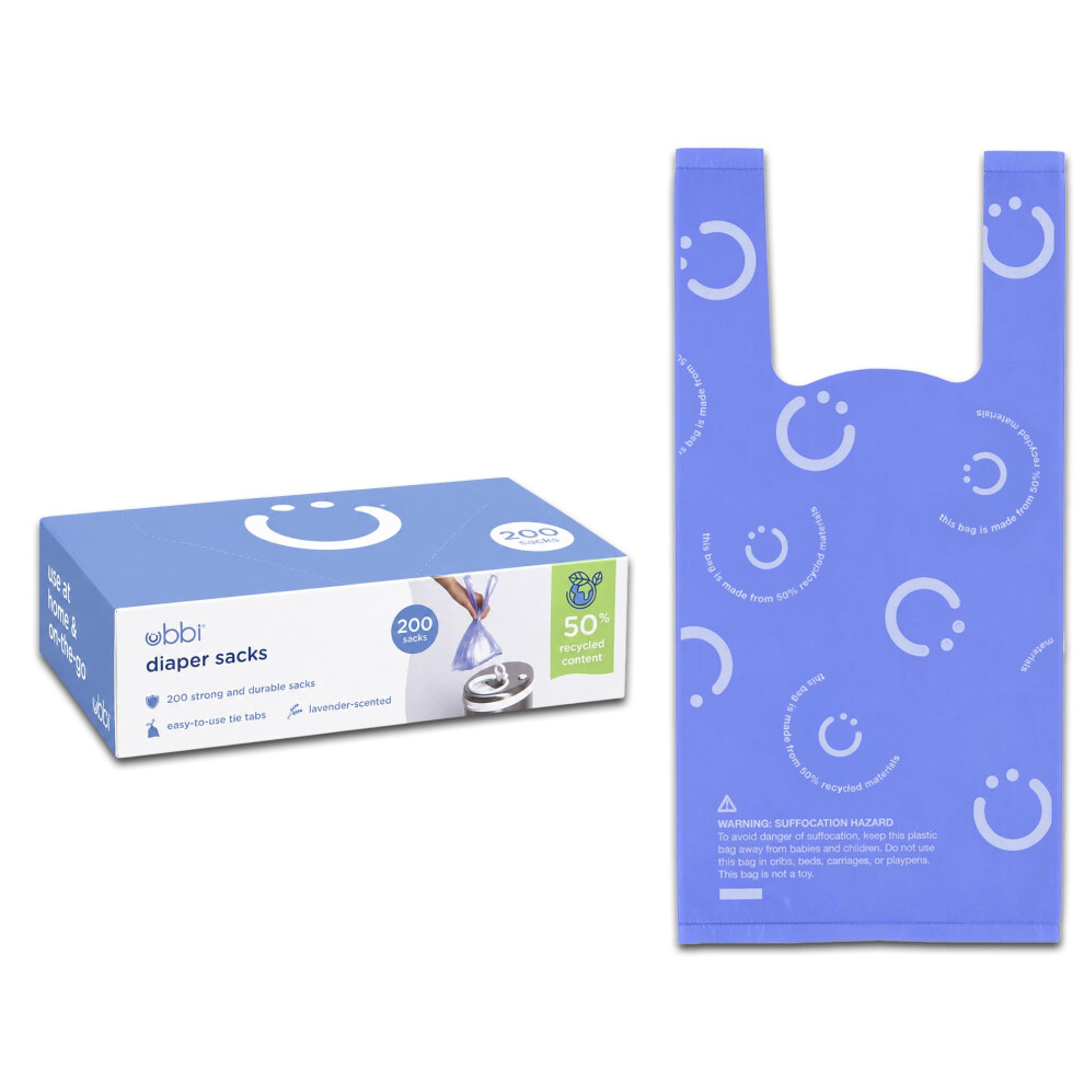 Disposable Nappy Sacks, Scented, Easy-To-Tie Tabs, Durable, Thick Baby Nappy Disposal Or Pet Waste Bags, 200 Count Lavender Ubbi