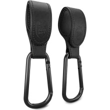 Baby Uma Leather-Style Buggy Clips (2 Pack) - Universal Pram Clips, Non-Slip Buggy Accessories, Carry 5 kg per Carabiner, Baby Travel Essentials (Bla